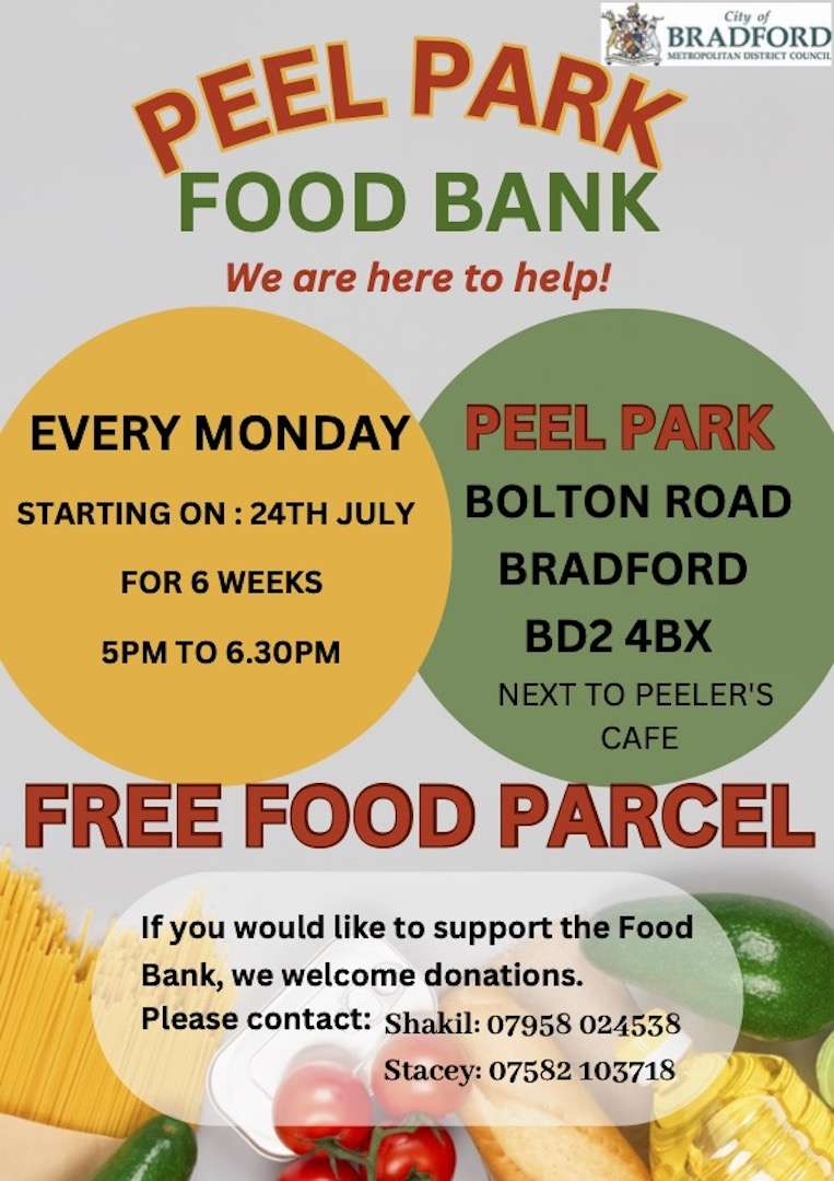 A six week food bank project which is held every Monday at Peel Park, the food bank started on 24/07/23 at 17.00- 18.30